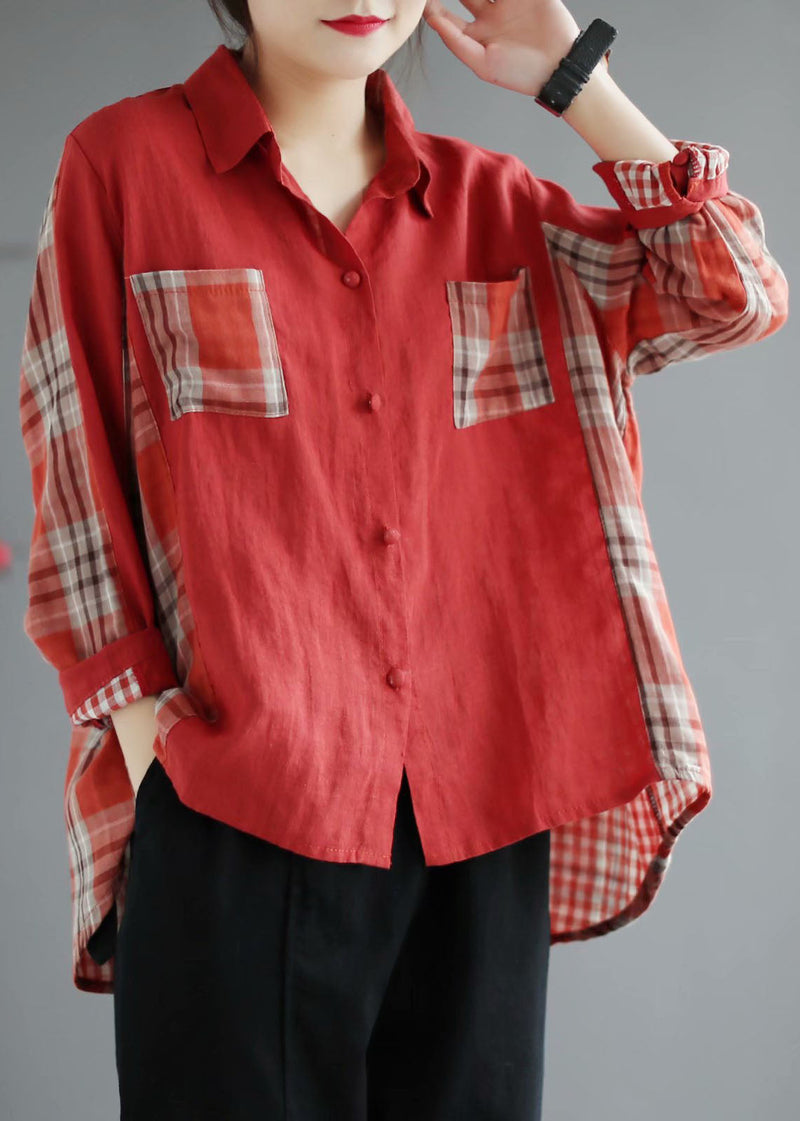 Red Plaid Patchwork Peterpan Collar Button Fall Shirt Long Sleeve