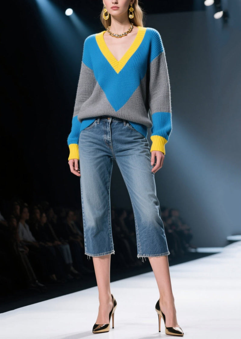 Mixed Color V Neck Patchwork Knit Pullover Winter