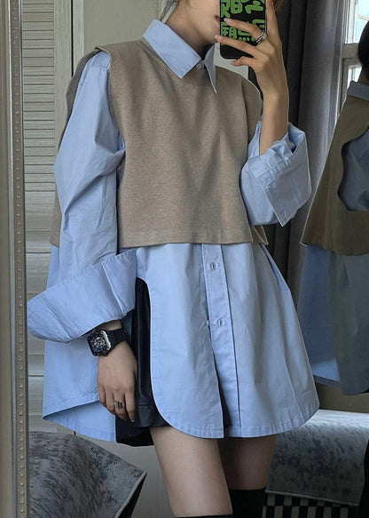 Modern Grey Side Open Knit Waistcoat and Shirts Two Pieces Set Long Sleeve