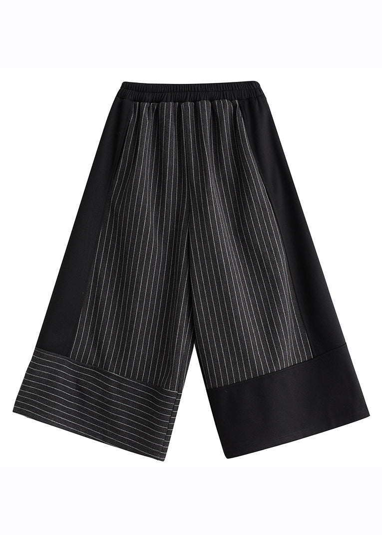New Black Striped Patchwork Elastic Waist Woolen Wide Leg Pants Spring
