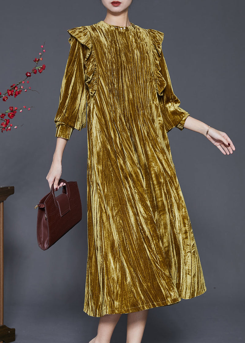 Green Ruffled Wrinkled Silk Velour Holiday Dress Spring