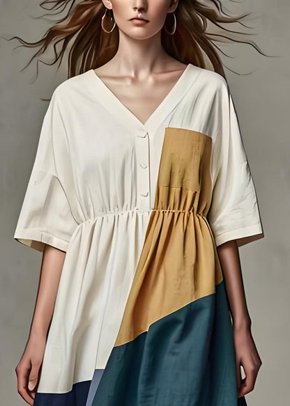 Beige V Neck Wrinkled Patchwork Linen Dress Summer