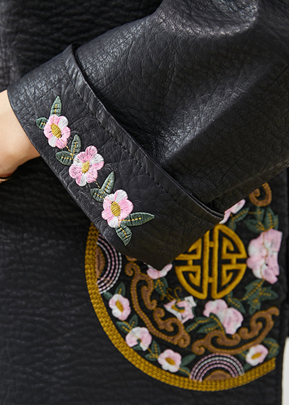 Black Embroideried Chinese Button Faux Leather Coat Spring