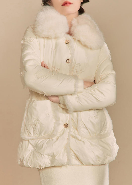 Beige Fur Collar Button Duck Down Puffer Coat Winter
