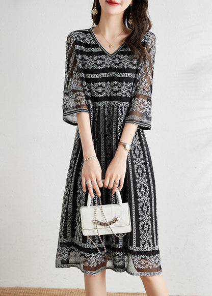 Black O-neck Draping Embroideried Silk Dresses Summer