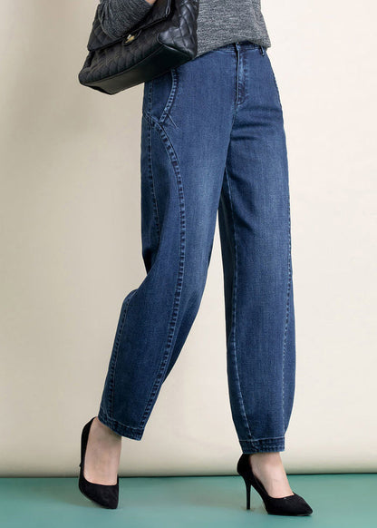 Light Blue High Waist Pockets Patchwork Cotton Harem Pants Spring