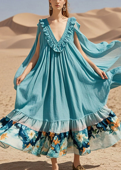 Blue Oversized Patchwork Cotton Maxi Dress Summer