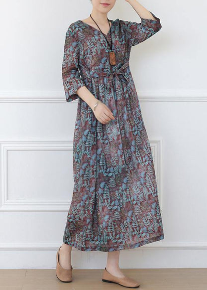 Print Linen Dress V Neck Half Sleeve Spring Dress