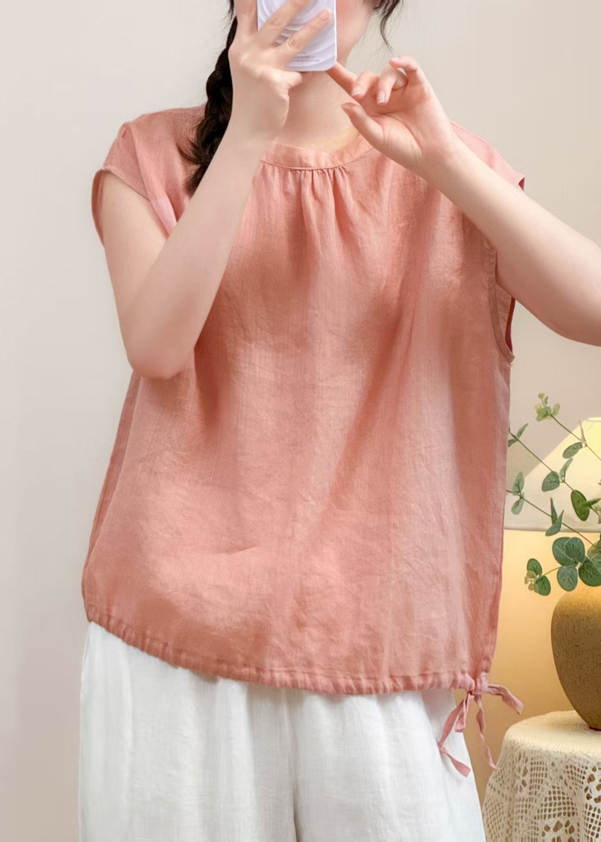 Cozy Pink O Neck Linen Shirt Summer