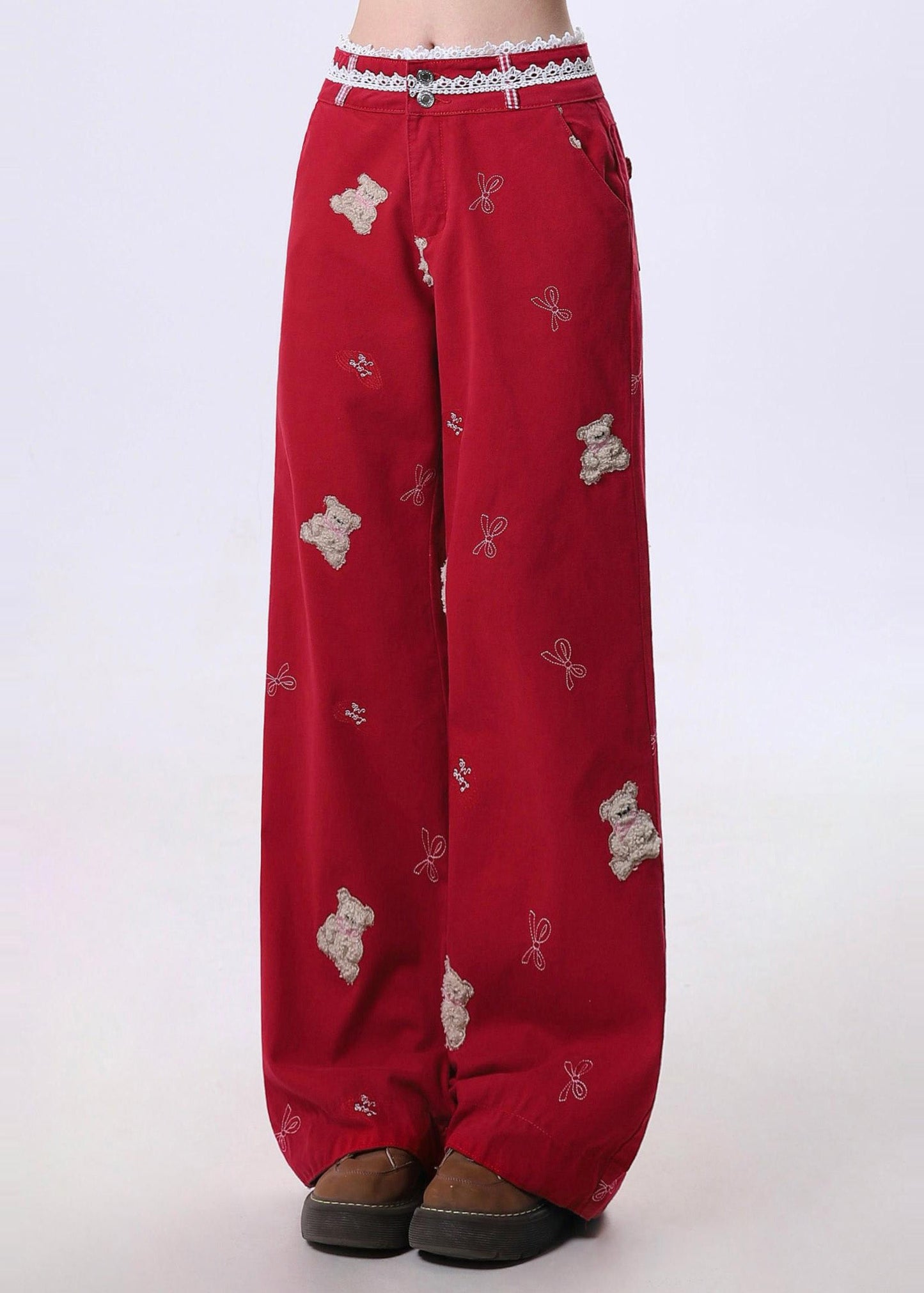 Red Embroidered Patchwork Denim Pants Spring