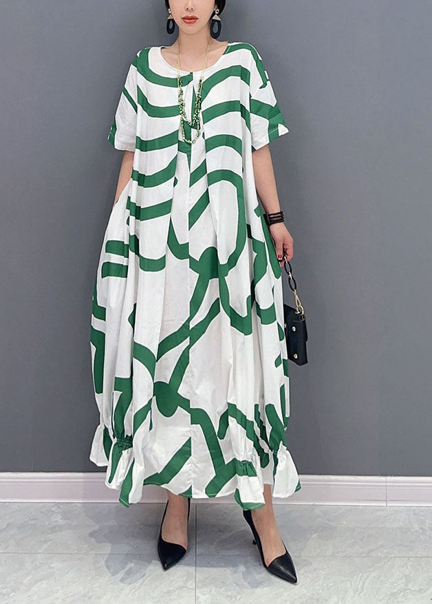 Green Striped Oversized Wrinkled Cotton Maxi Dresses Summer