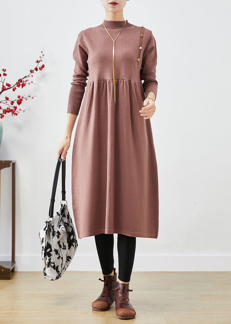 Brown Stand Collar Patchwork Button Knit Long Dress Fall