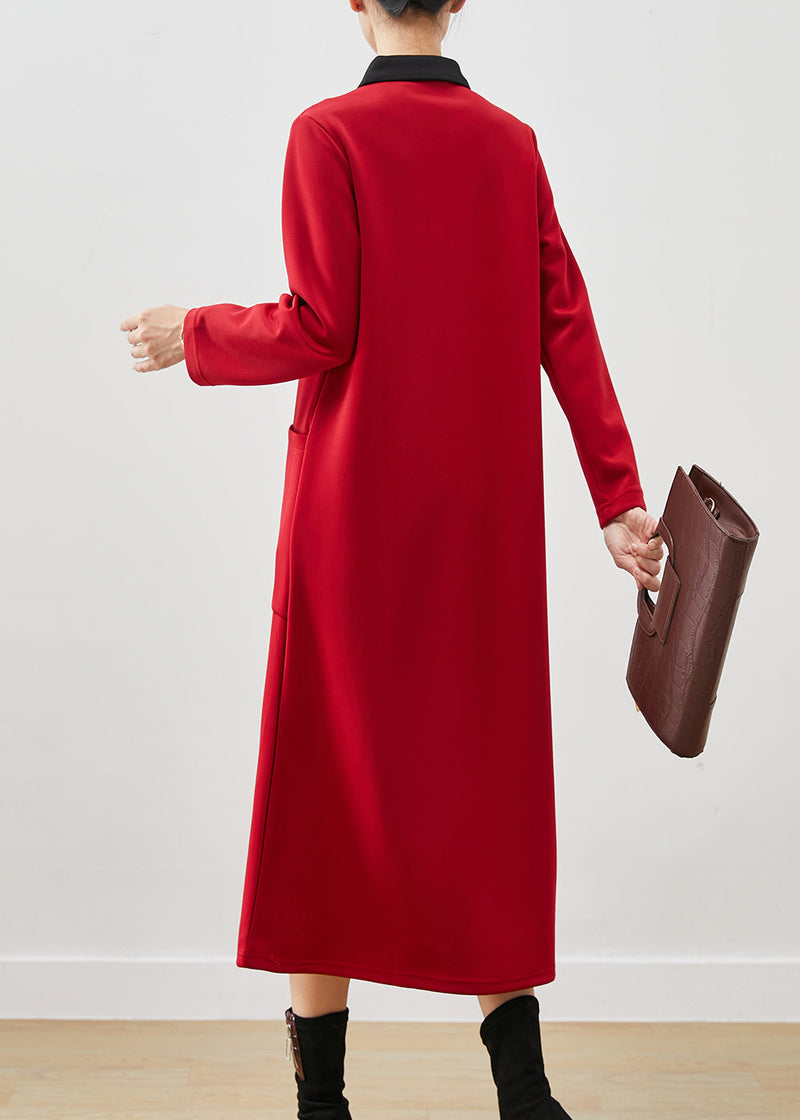 Red V Neck Patchwork Cotton Holiday Dresses Spring