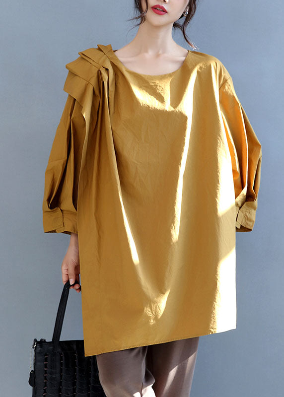 Italian Yellow O-neck Asymmetrical Cotton Top Fall