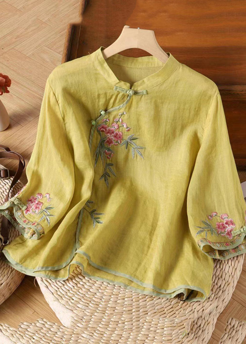 Pink Stand Collar Embroidered Patchwork Shirt Three Quarter Sleeve