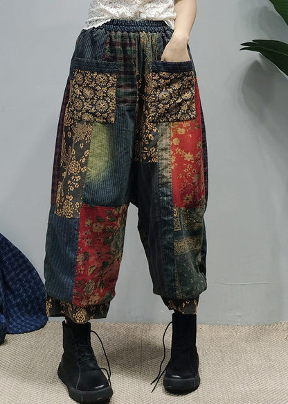 Unique Black Elastic Waist Pocket Patchwork Cotton Pants Spring