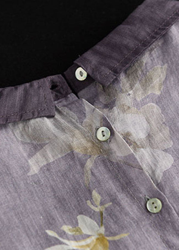 Light Purple Peter Pan Collar Print Linen Shirts Short Sleeve