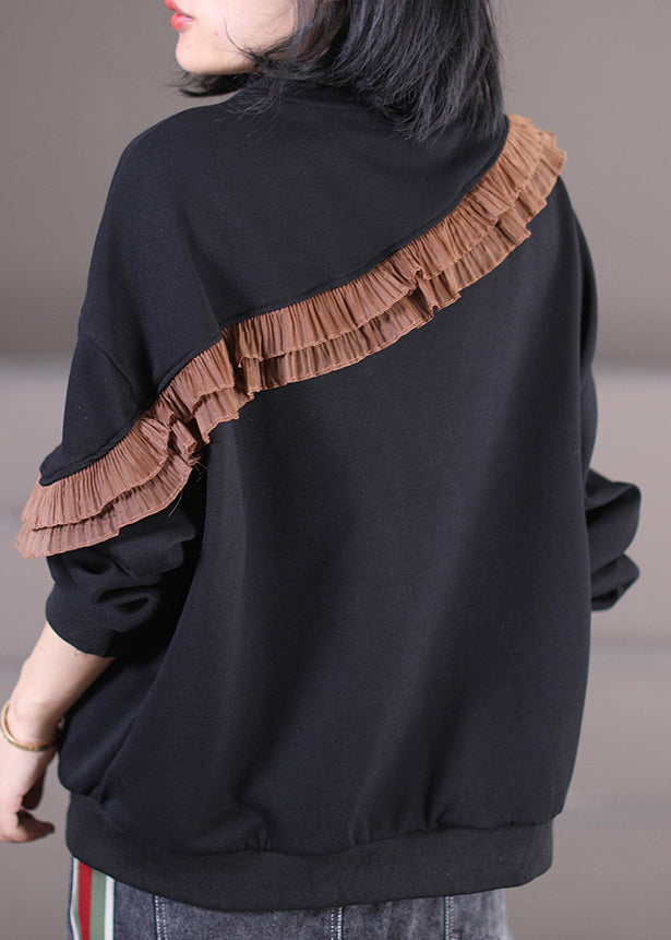 Coffee O-neck Ruffled Patchwork Cotton Sweatshirts Fall