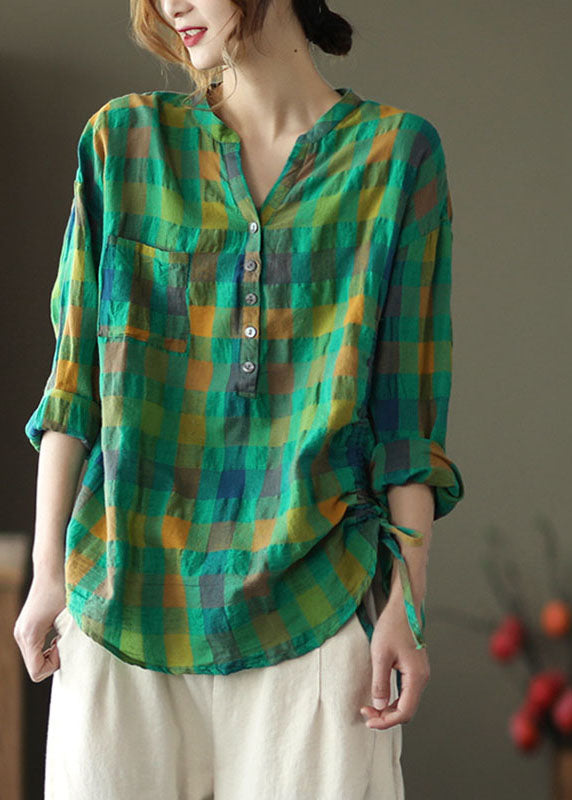 Green Loose Plaid Drawstring Fall Long Sleeve Shirt