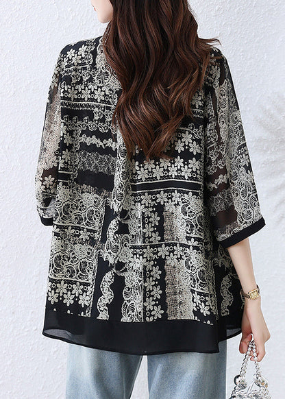 Black O-neck Print Button Shirts Fall