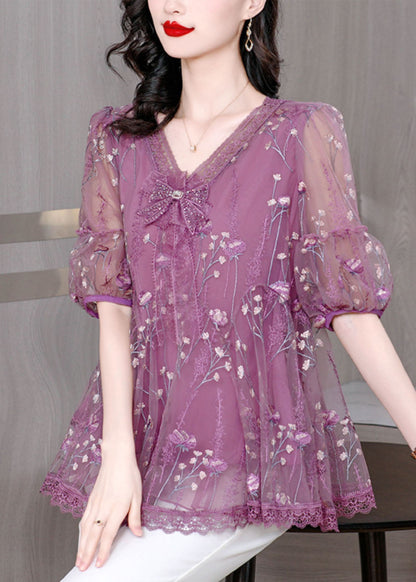Purple V Neck Embroideried Bow Lace Top Summer