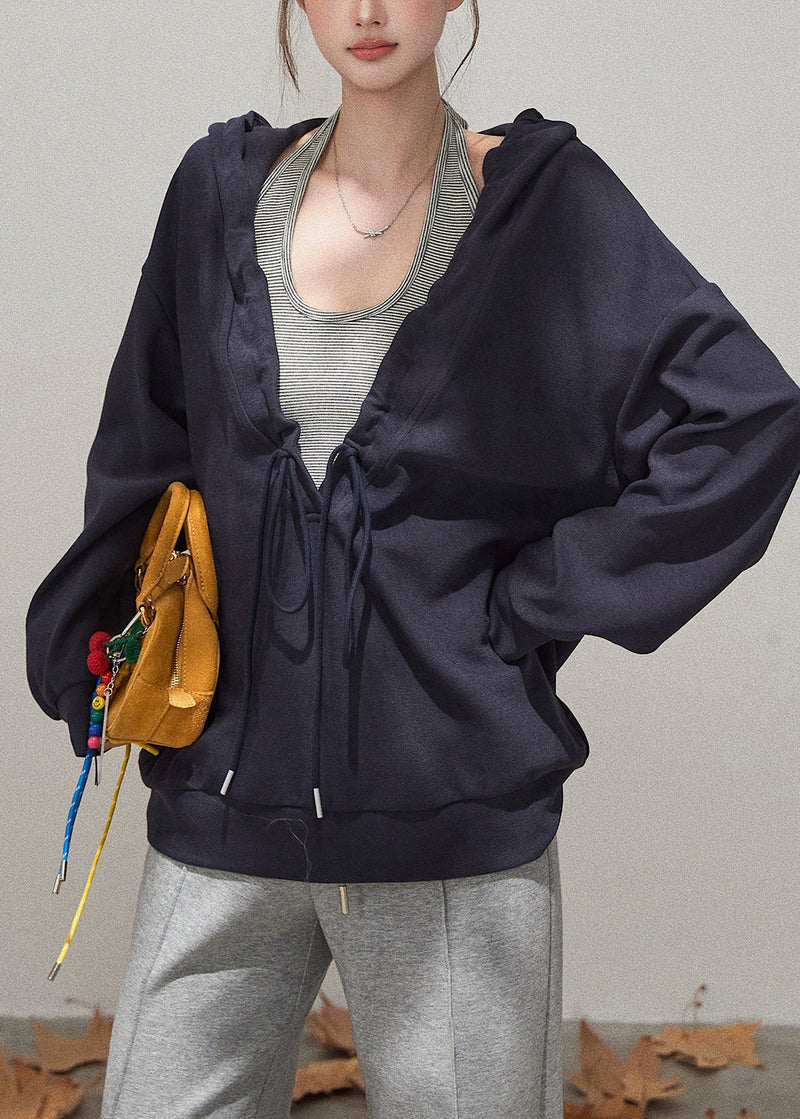 Navy Oversized Cotton Pullover Hooded Drawstring Fall