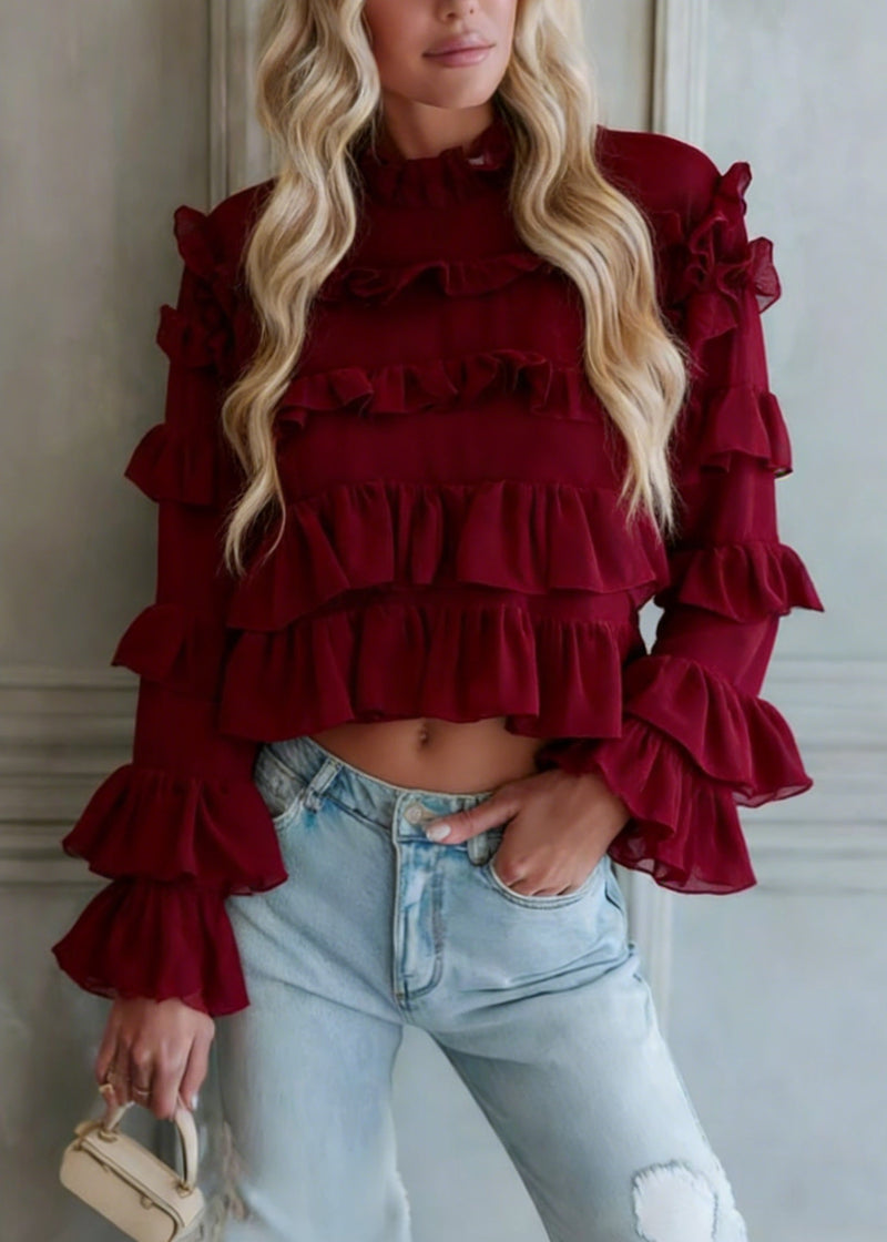 Red Ruffled Patchwork Chiffon Blouse Top Spring