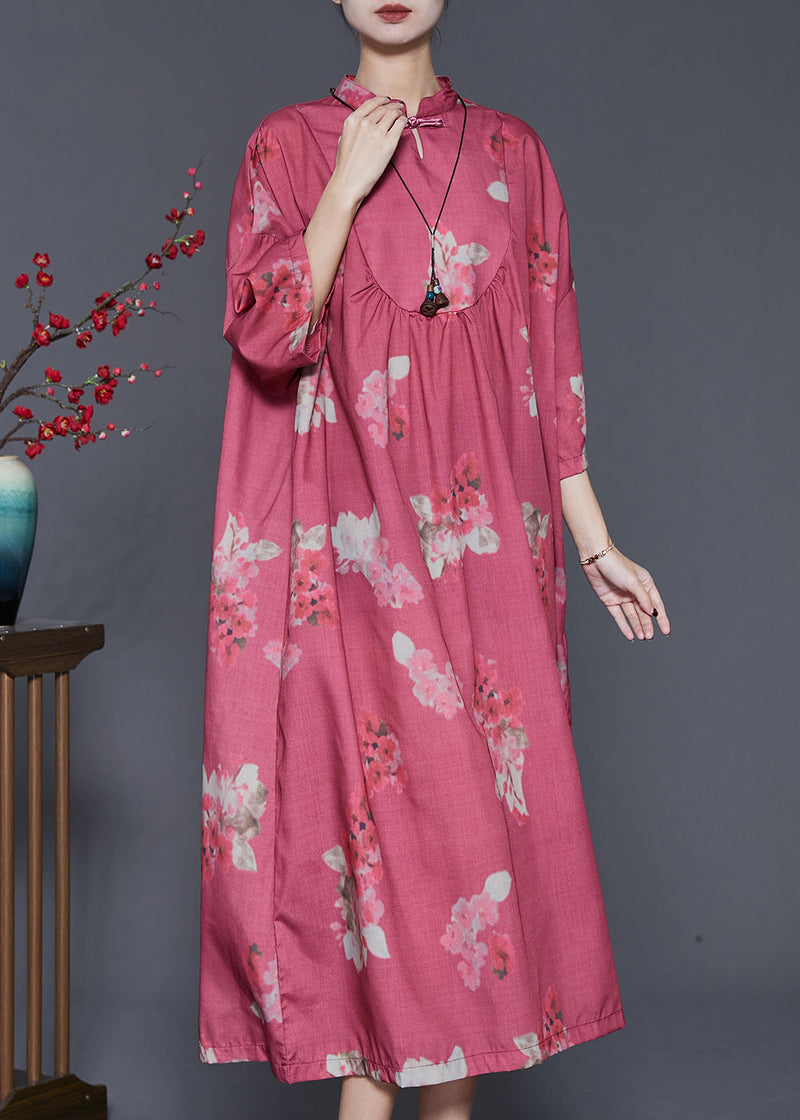 Red Print Chinese Button Cotton Dresses Spring