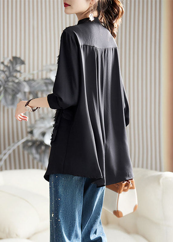Black O-neck Patchwork Fake Two Pieces Chiffon Top Fall