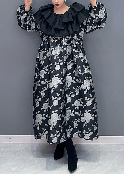 Black Ruffled Print Patchwork Cotton Long Dress Fall