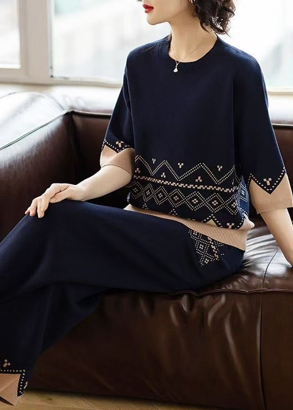 Unique Navy O Neck Knit Sets 2 Pieces Spring