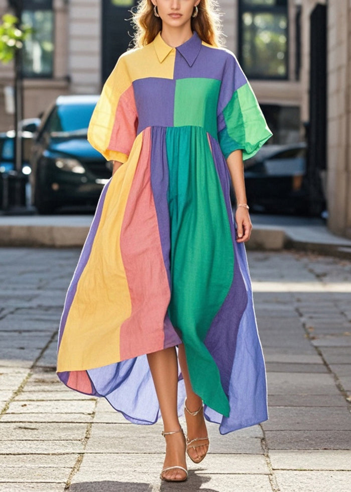 Colorblock Asymmetrical Patchwork Cotton Long Dresses Fall