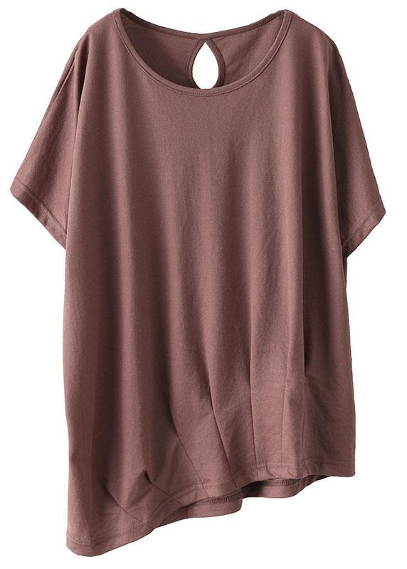 Brick Red Asymmetrical Design O-neck Patchwork Summer Cotton Shirts