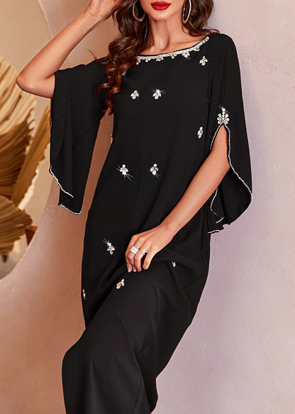 Black O-neck Side Open Zircon Chiffon Long Dress Summer