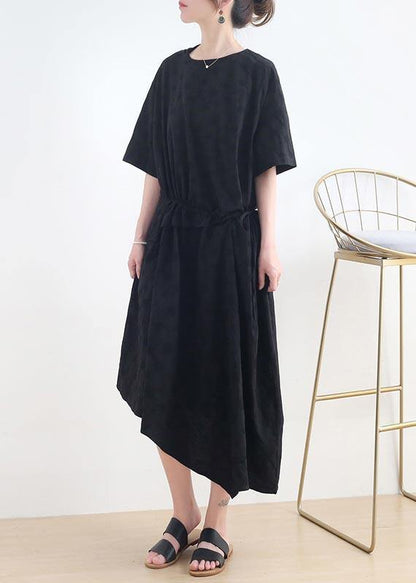 French Black O-neck Cinched Long Summer Linen Dress