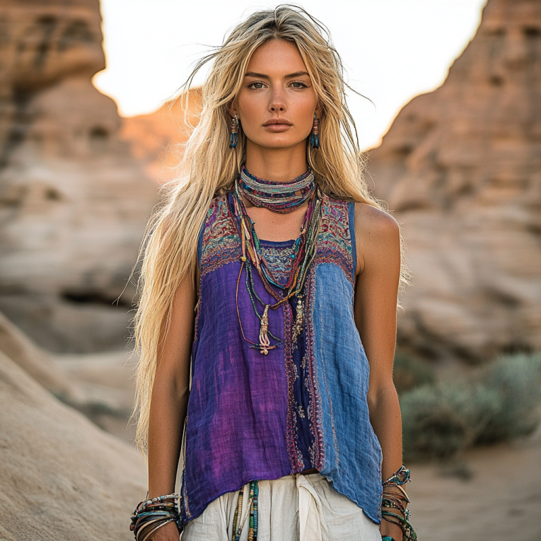 Women's Bohemia Ethnic Patchwork Style Linen Sleeveless Top artswardrobe