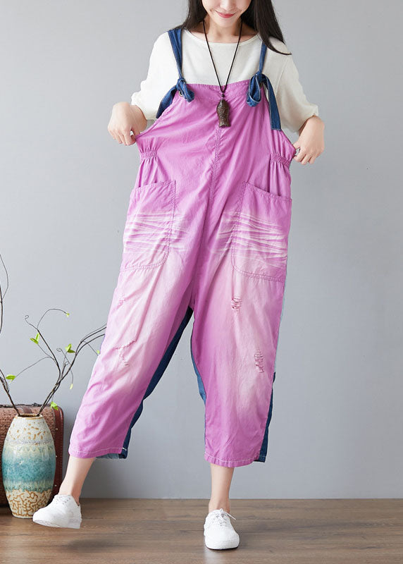 Purple Oversized Patchwork Applique Cotton Overalls Jumpsuit Spring