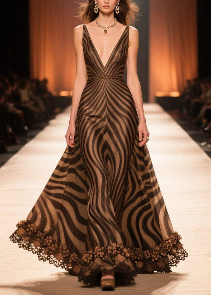 Brown V Neck Striped Chiffon Long Dresses Summer