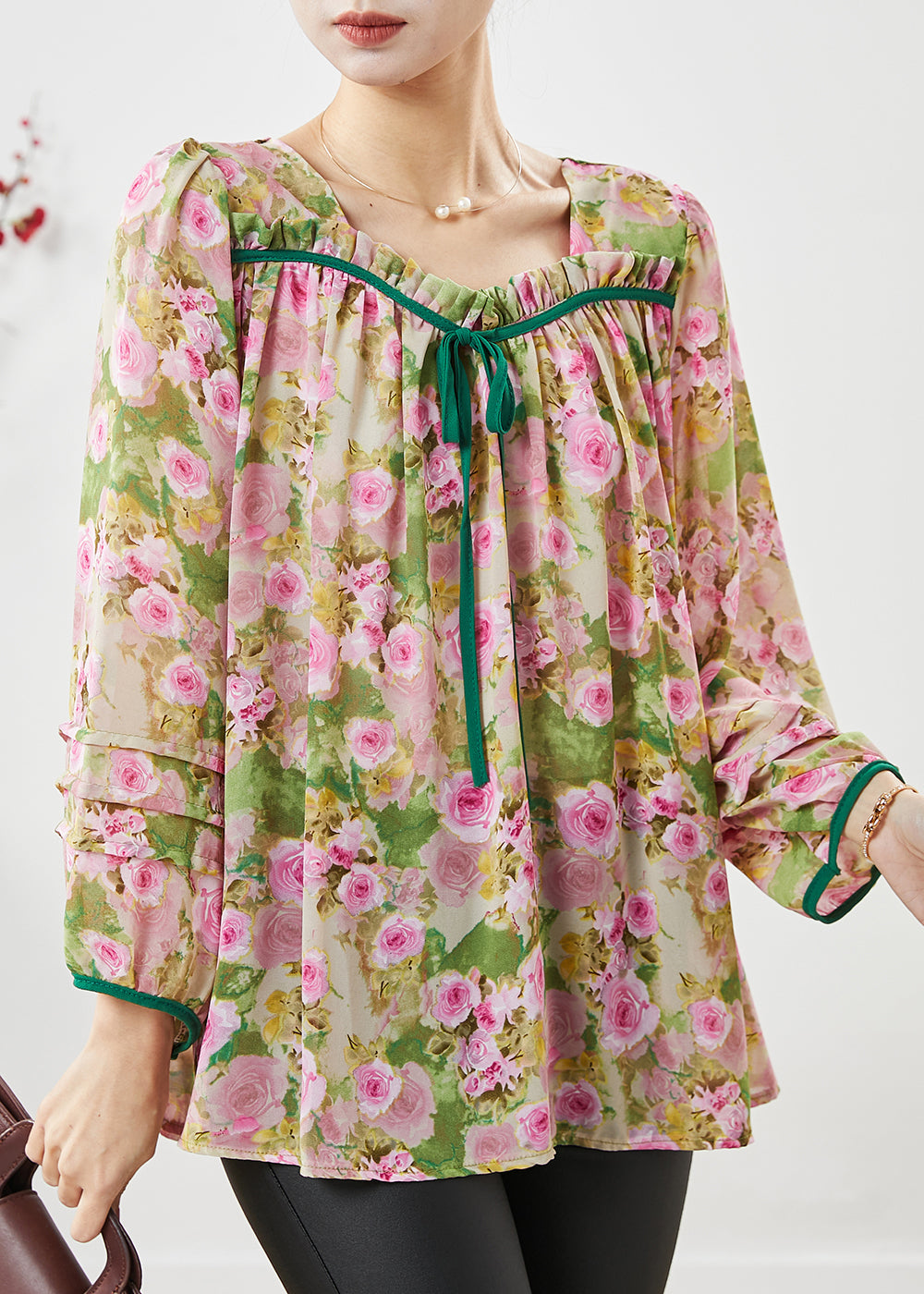 Handmade Pink Square Collar Print Chiffon Shirts Spring