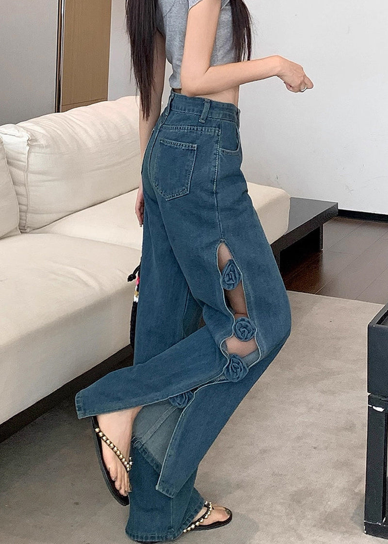 Original Design Blue Hollow Out Denim Pants Fall