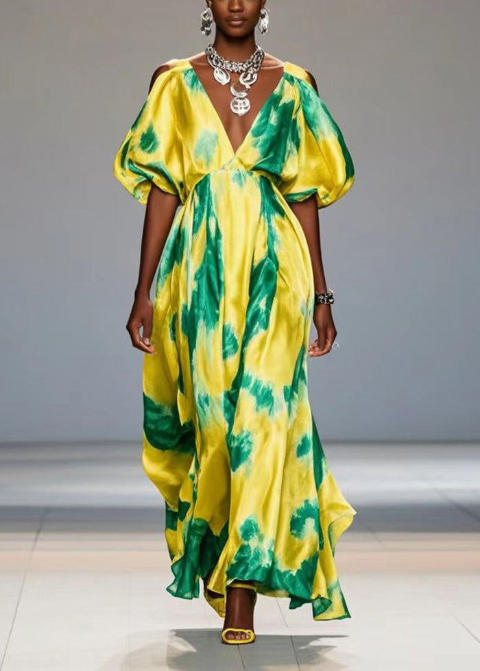 Yellow Cold Shoulder Print Silk Maxi Dresses Lantern Sleeve Summer