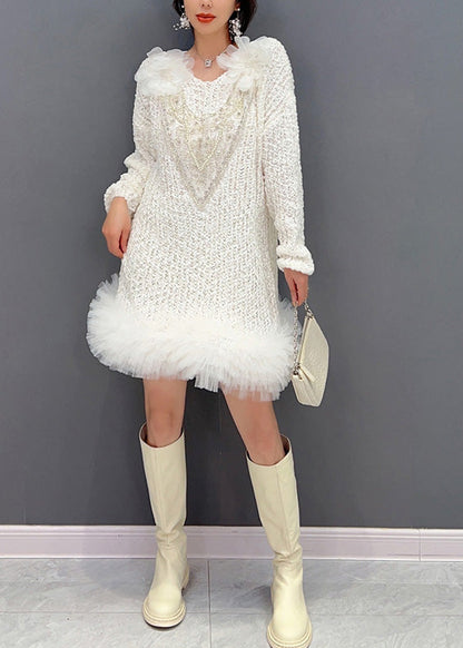 White O-neck Tulle Patchwork Knit Dress Long Sleeve