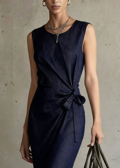 Navy Asymmetrical Design Denim Long Dresses Sleeveless