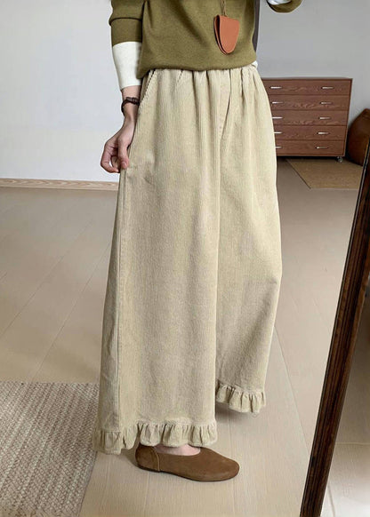 Original Green Ruffled Patchwork Corduroy Wide Leg Pants Winter