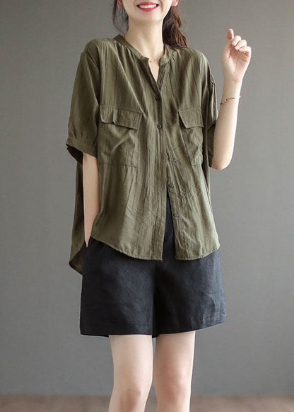 Style Army Green V Neck Wrinkled Button Cotton Shirt Tops Short Sleeve