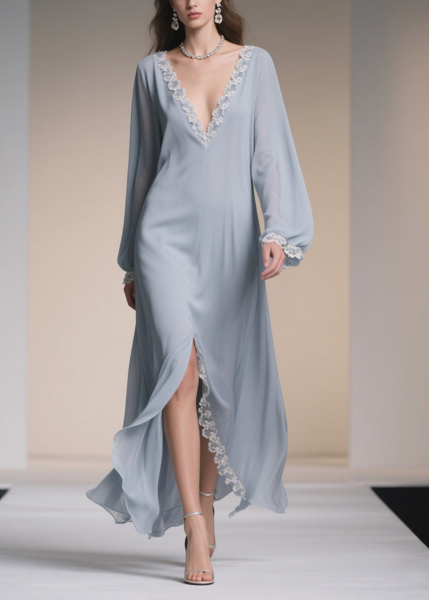 Light Blue V Neck Lace Side Open Chiffon Dresses Spring