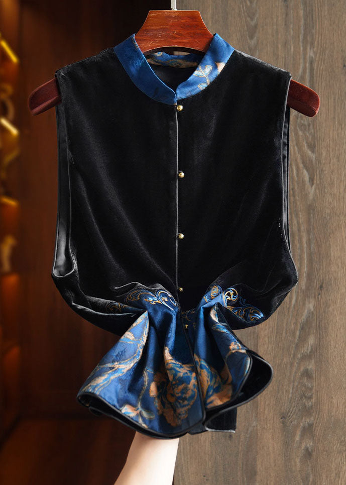 Black Stand Collar Embroideried Patchwork Silk Velour Waistcoat Sleeveless