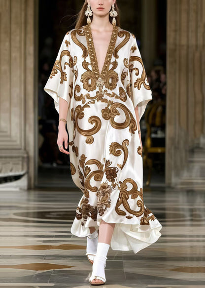 Coffee Oversized Print Silk Maxi Dresses Summer