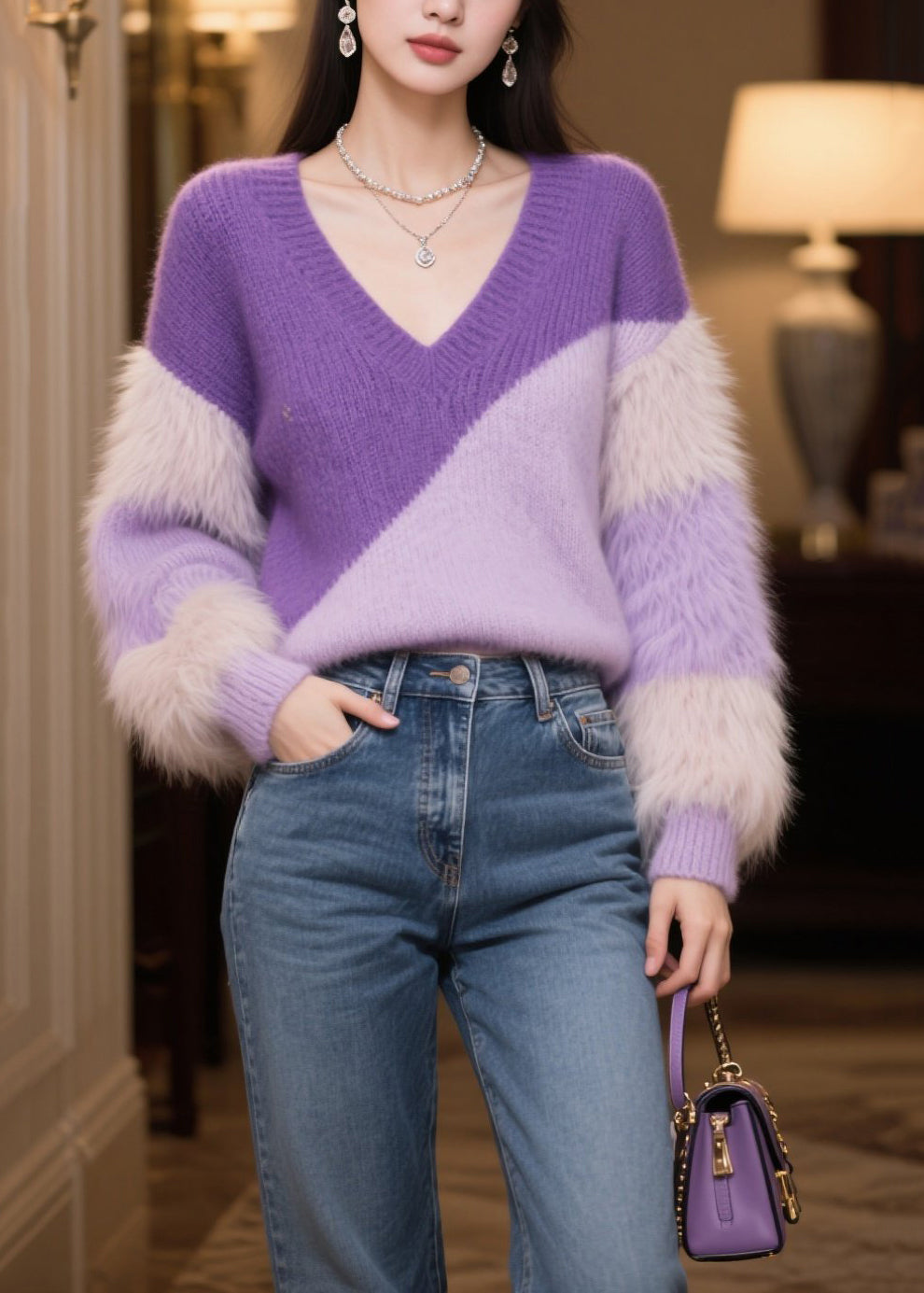 Purple V Neck Patchwork Faux Fur Short Sweater Winter