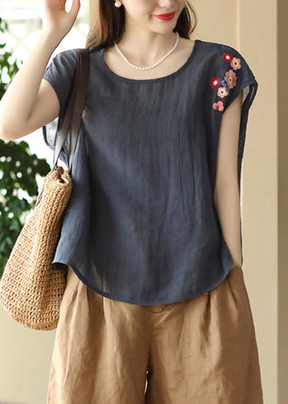 Loose Navy O Neck Embroidered Linen T Shirts Summer